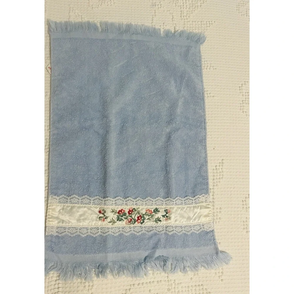 Vintage Cannon Blue Embroidered Hand Towel Fringe Made In USA